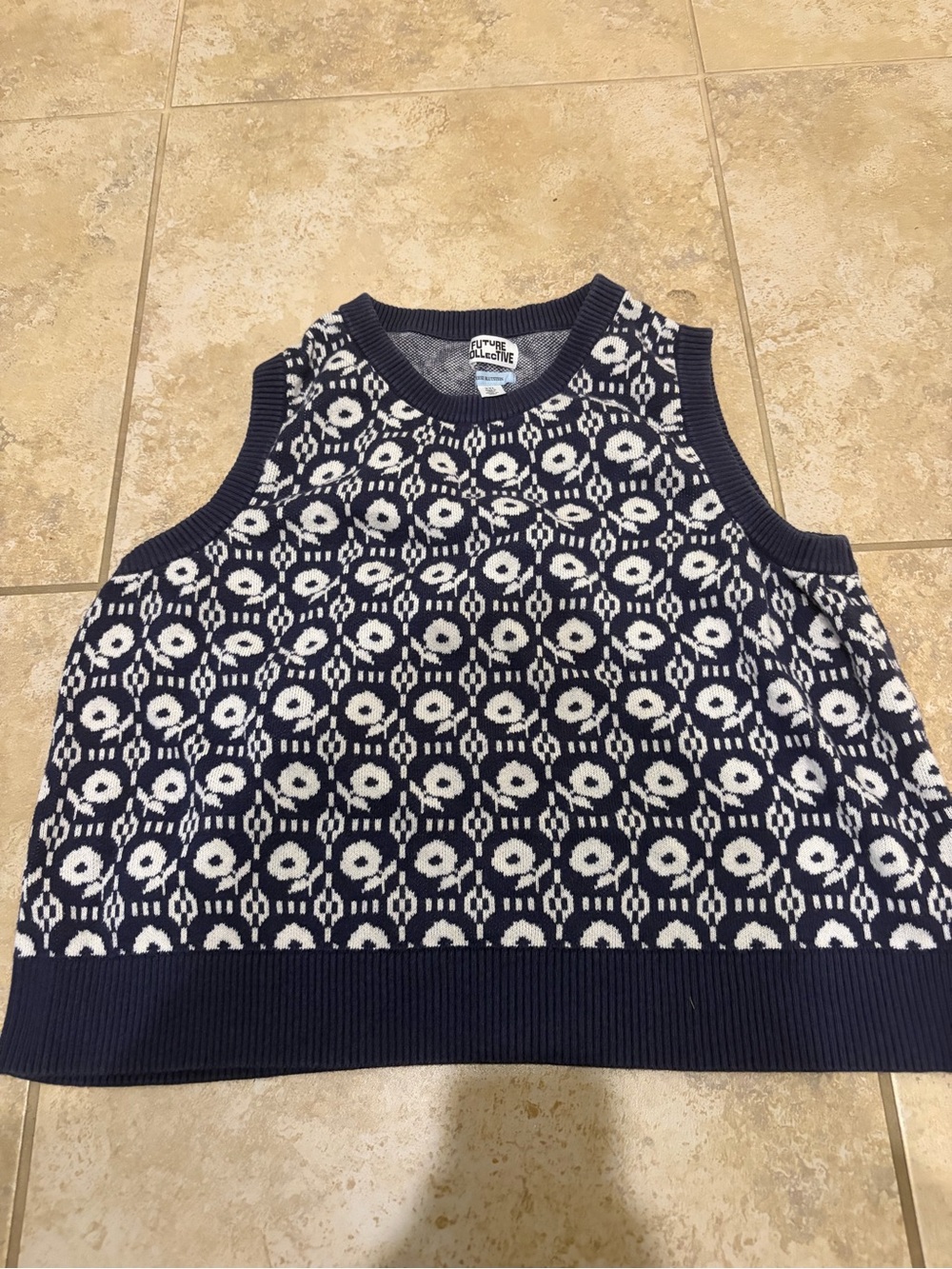 Patterned Navy and White Knit Sweater Vest by Future Collective